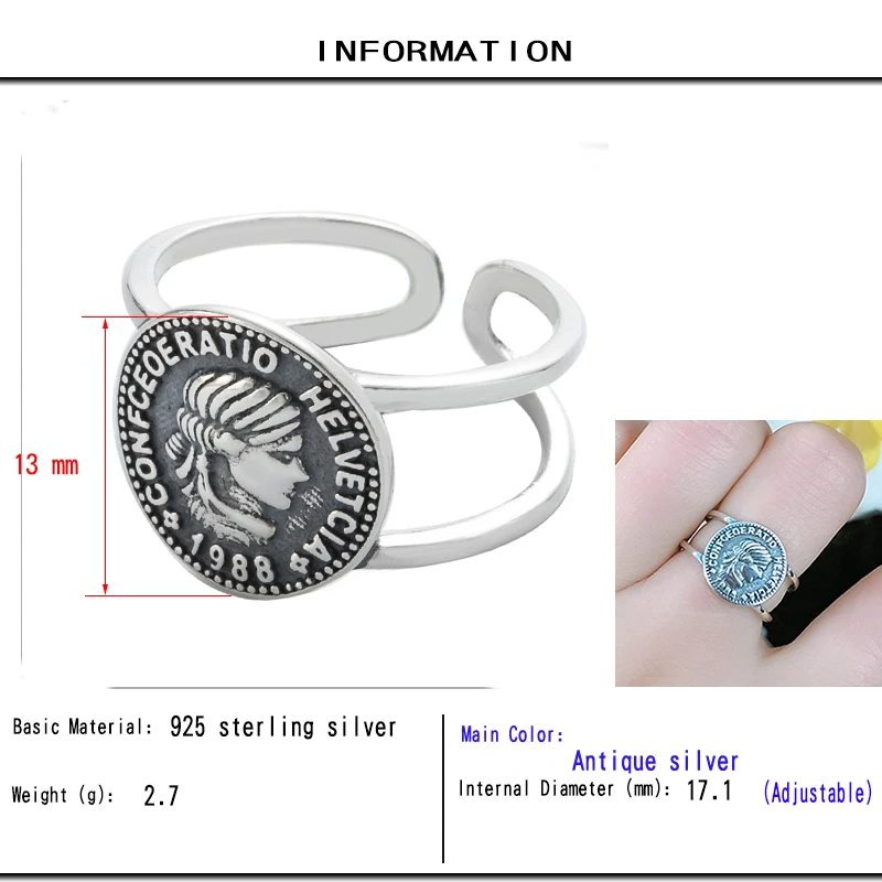 Винтажное портретное круглое кольцо для монет, корейское 925 пробы Серебряное кольцо, популярное женское ретро кольцо с буквами, Большие широкие геометрические Открытые Кольца
