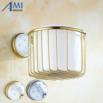 

63GD Series Golden Polish Paper Holders With Diamond Wall Mounted Bathroom Accessories Paper Shelf Bathroom Round Basket
