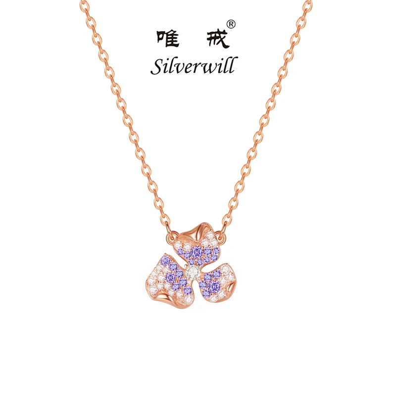 

Silverwill sterling 925 silver Oriental Orchid purple flower necklace elegant women purple gem stones bling ladies jewelry