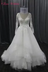 2018 Новый длинным рукавом торжественное платье v-образный вырез Кружево аппликация Линия Принцесса свадебное платье реального образца