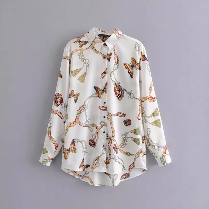 

women long sleeve chain patchwork print casual smock shirt blouses women turn down collar butterfly pattern blusas tops LS3098