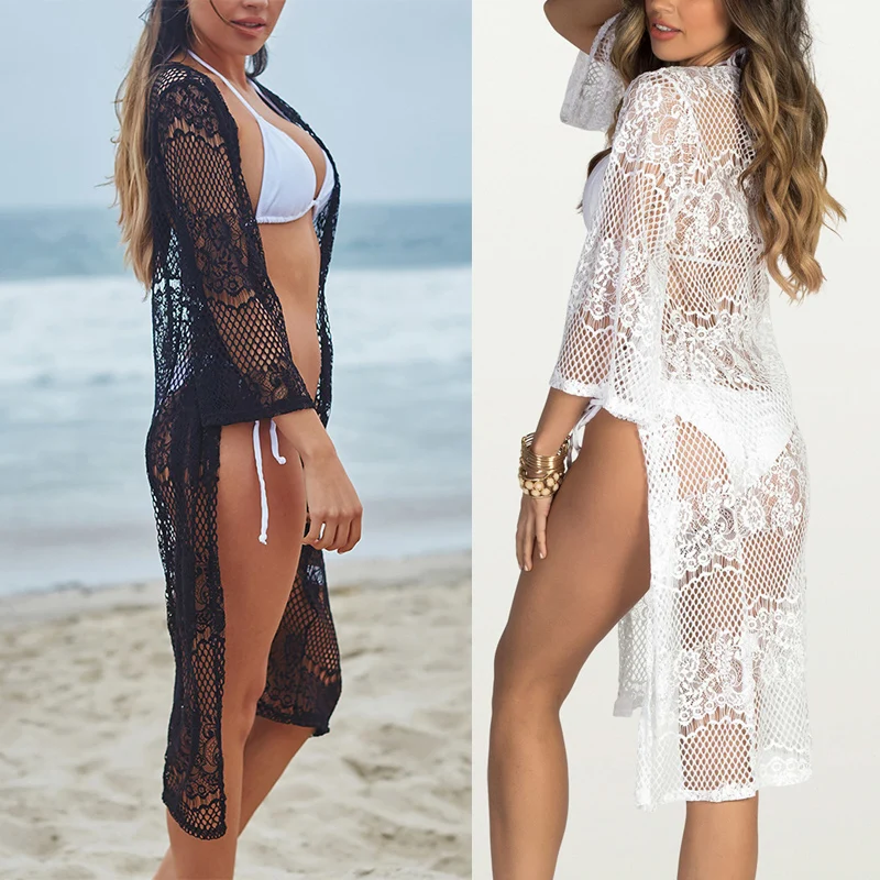 2018 Sexy Lace Beach Cover Up White Black Swimwear Cover Up Long Beach Dress Ladies Bathing 