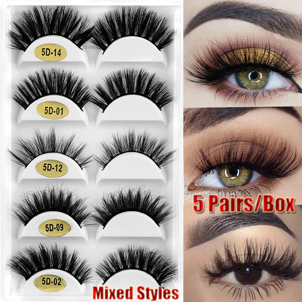 

5 Pairs 3D Mink Hair False Eyelashes Mixed Styles Wispy Fluffy Eye Lashes Extension Natural/Thick Cruelty-free Handamde Eyelash