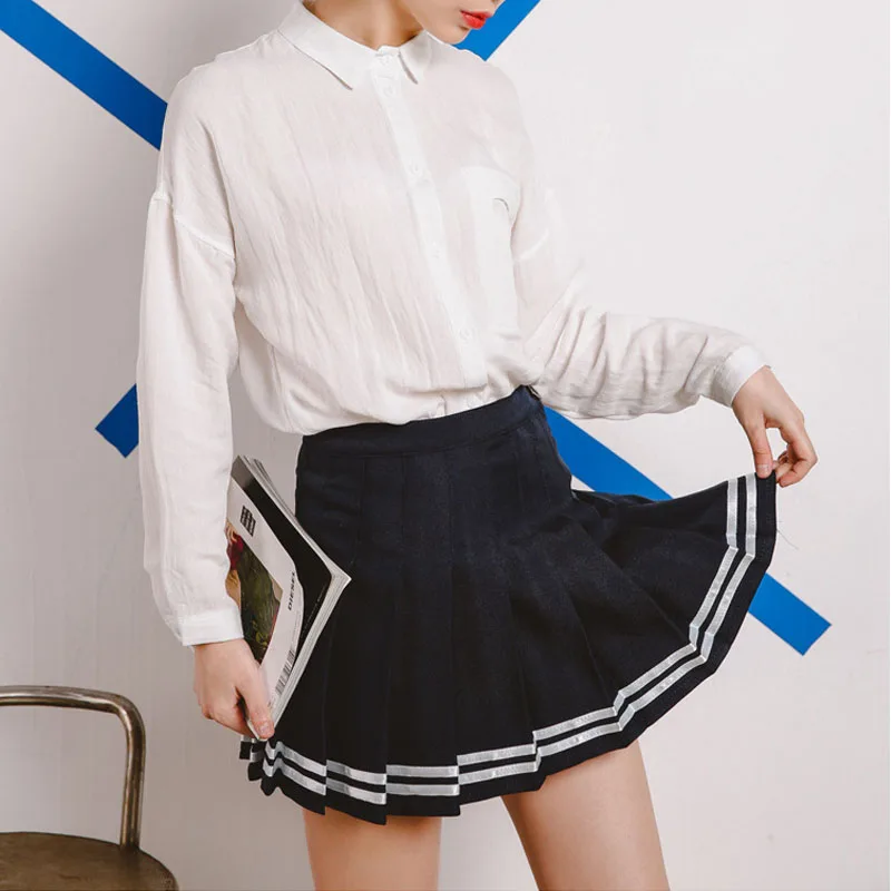 

High Waist Ball Pleated Skirts Harajuku Mori Girls Stripe A-Line Sailor Skirt Cosplay Japanese School Uniform