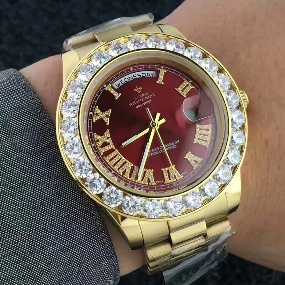 Золотые часы с большим бриллиантом, бренд Iced Out, день, дата, президент, 2813, наручные часы, Бизнес Reloj A, топ, Элитный Мужской дизайнерский часы