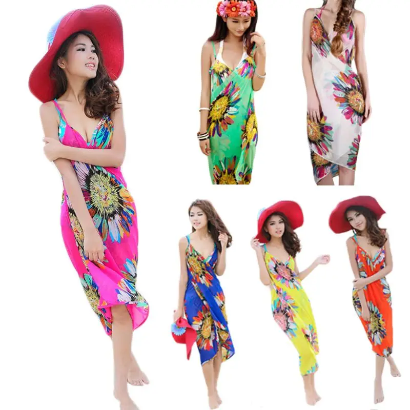 

Womens Bohemian Spaghetti Strap Sexy V-Neck Backless Bikini Cover Up Colored Sunflower Print Wrapped Beach Dress Bathing Suit