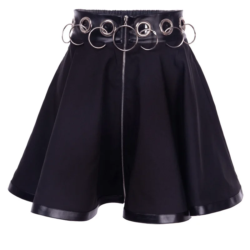 JIEZuoFang юбки в готическом стиле с металлическим кольцом, женские юбки в стиле панк из искусственной кожи в стиле пэчворк, плиссированные юбки на молнии, открытые юбки для девочек