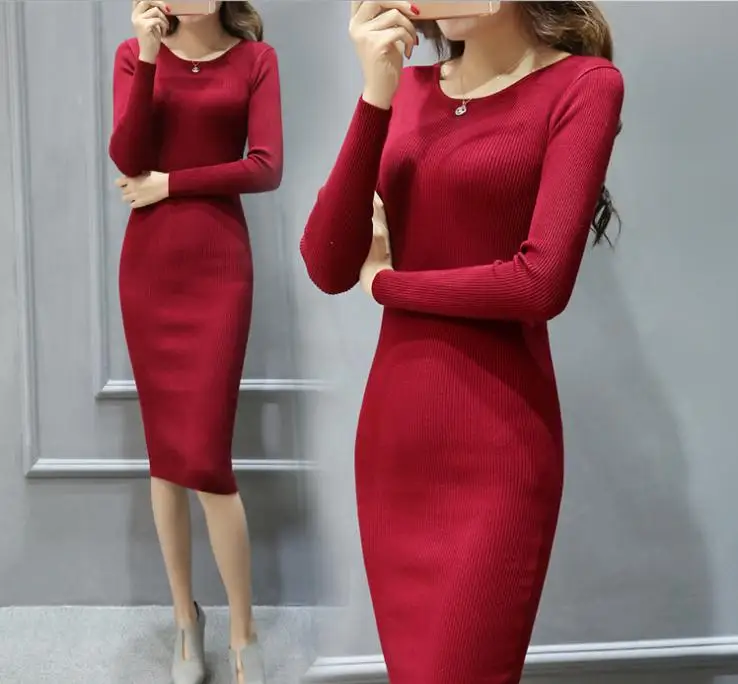 

Good elasticity 2018 spring new women's round neck knit dress long-sleeved sweater dress