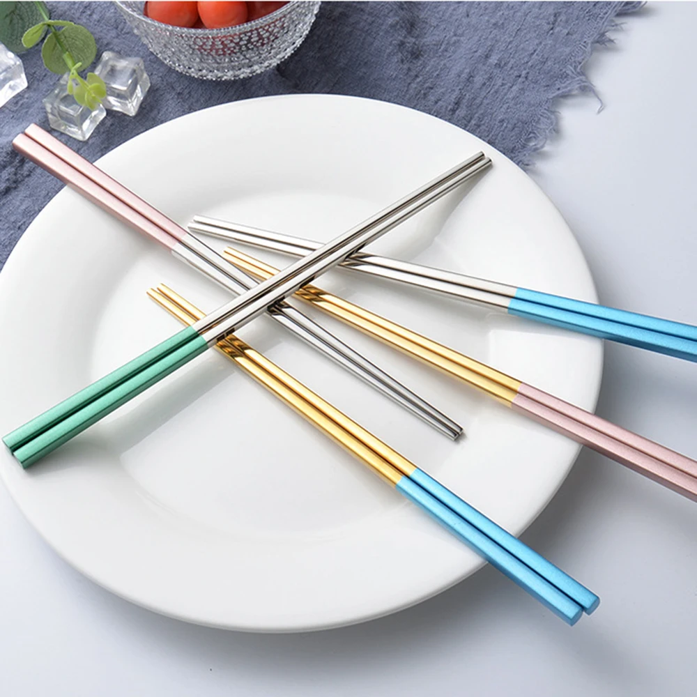 

Hot Sale 5 Pairs 304 Stainless Steel Portuguese style Chopsticks Non-Slip Reusable For Sushi Food Sticks Kitchen vajilla china