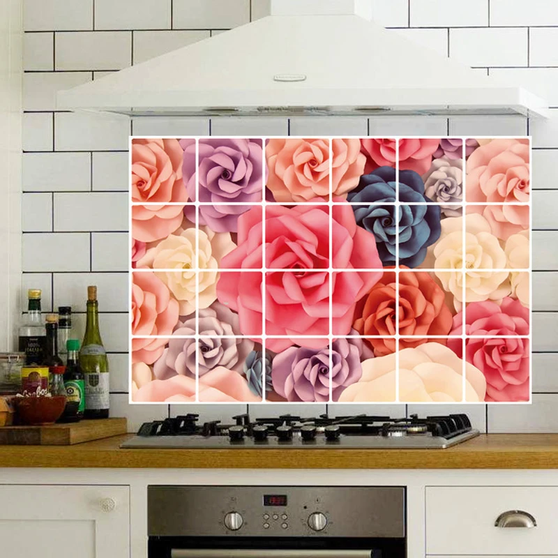 3D wallpaper rose sea flower kitchen decorative tile anti oil paste