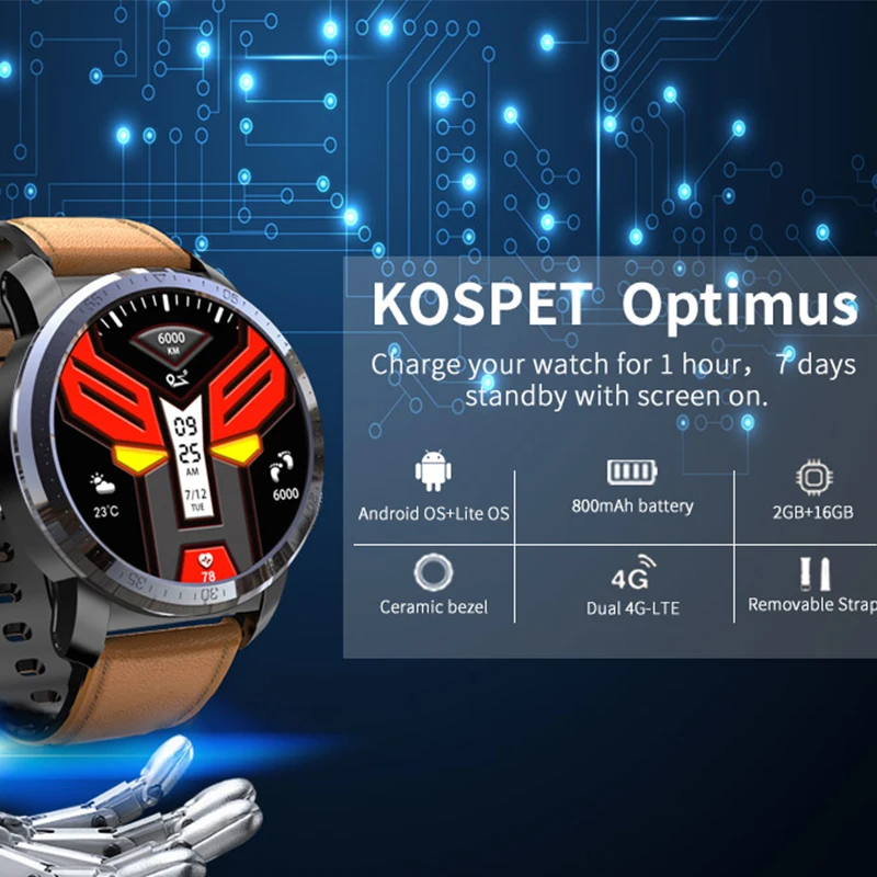 

KOSPET Optimus Smartwatch Men 2GB+16GB 4G GPS SIM card IP67 Android sport men Smart Watch Camera 8MP 800mAh pk hope brave watch