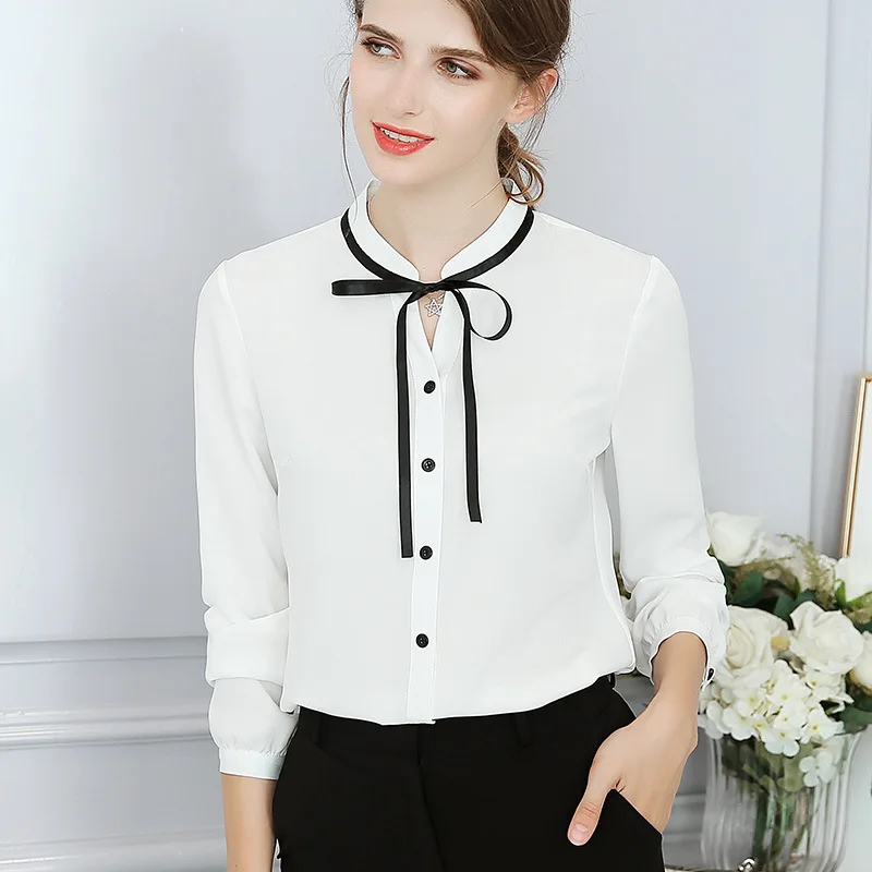 

Fashion Long Sleeve New Spring Autumn Tops Office Ladies Blouse Bow Slim White Shirt Elegant Work White Bodycon Blouses Blusas