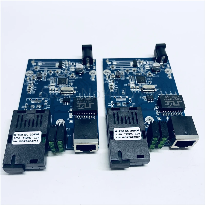 

FTTH 1 Pair Gigabit Fiber Optical Media Converter 10/100/1000Mbps Single Mode Single Fiber SC Port 20KM PCBA with Power Adapter