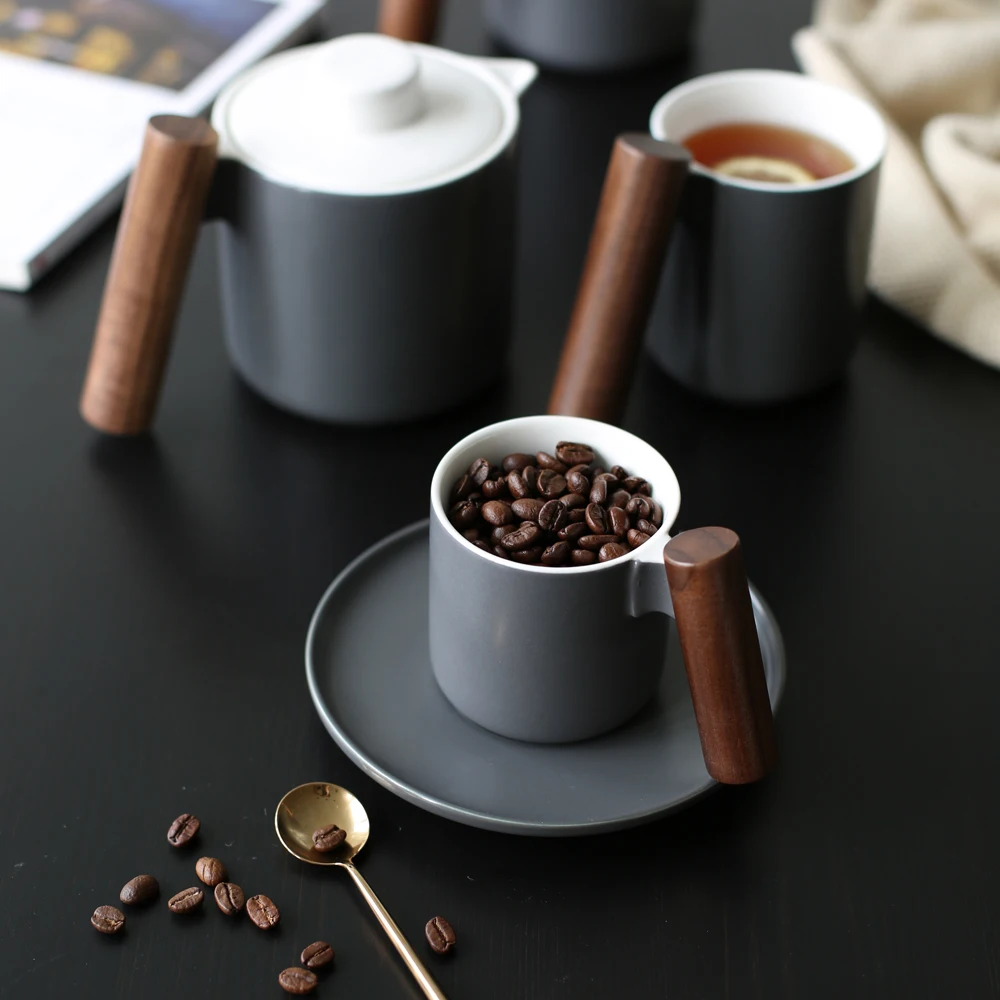 

Nordic simple cold color style Mug Classic SimpleCoffee Mug Ceramic Milk Mug Office Meeting Tea Mug Wooden Handle