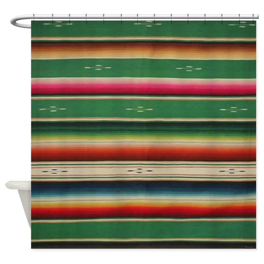 Vintge Green Mexican Serape Decorative Fabric Shower Curtain For