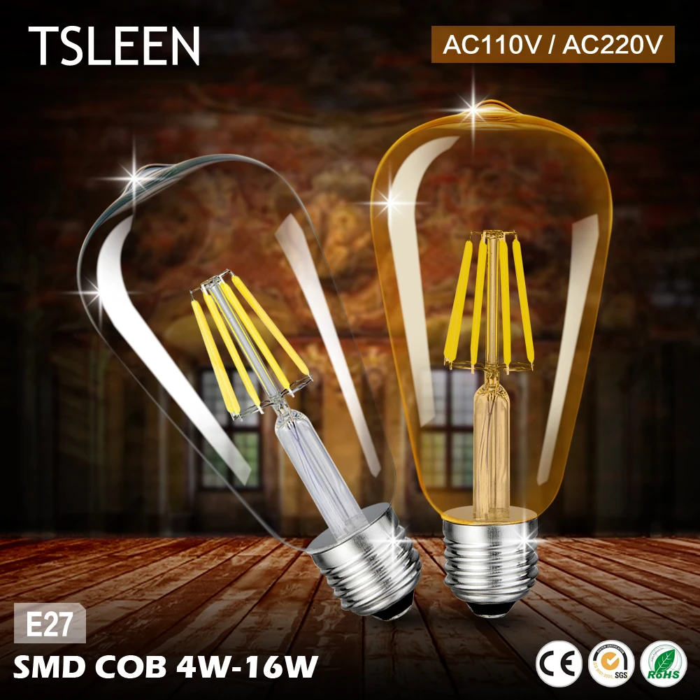 Cheap 110V 220V ST64 Vintage Led Lamp E27 Retro LED Filament Light Bulb 8W 12W 16W Glass Edison Lamparas COB Gold Decoration Cheap 110V 220V ST64 Vintage Led Lamp E27 Retro LED Filament Light Bulb 8W 12W 16W Glass Edison Lamparas COB Gold Decoration