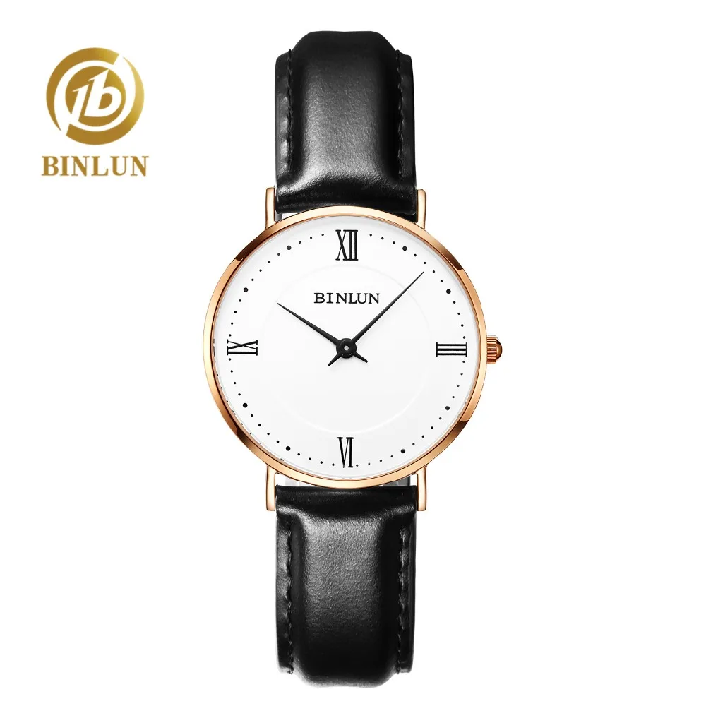 BINLUN Модные женские водонепроницаемые кварцевые часы с ремешком из натуральной кожи, Простой ультра тонкий дизайн, женские часы, пара часов