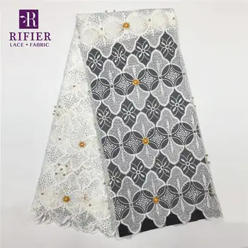 

Amazing Fashion Design Embroidered Mesh Lace Fabric With Beads And Stones White Wedding Dress Material Beaded Tulle Net Fabrics