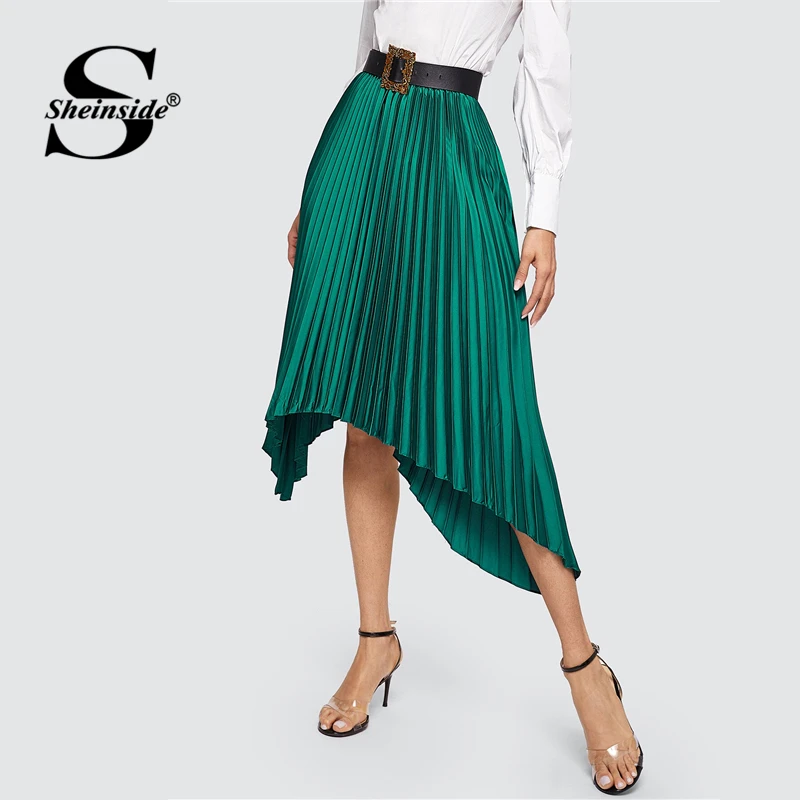 

Sheinside Casual Elastic Waist Green Pleated Skirt Women 2019 Summer High Waist Flared Skirts Ladies Asymmetrical Detail Skirt