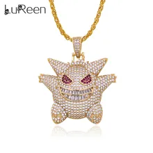 

LuReen Hip Hop Mask Gengar Necklace & Pendant AAA Cubic Zircon Pokemon Necklace Men's Gold Silver Color Chain Jewelry Gfit