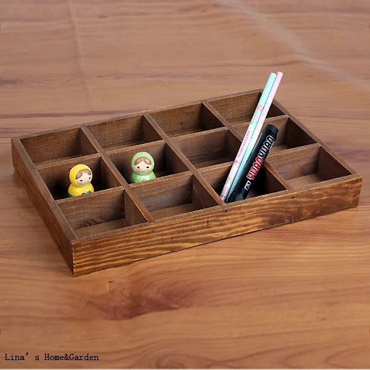 

12 Equal Dividers Rectangle Vintage Brown Wooden Jewelry Display Tray