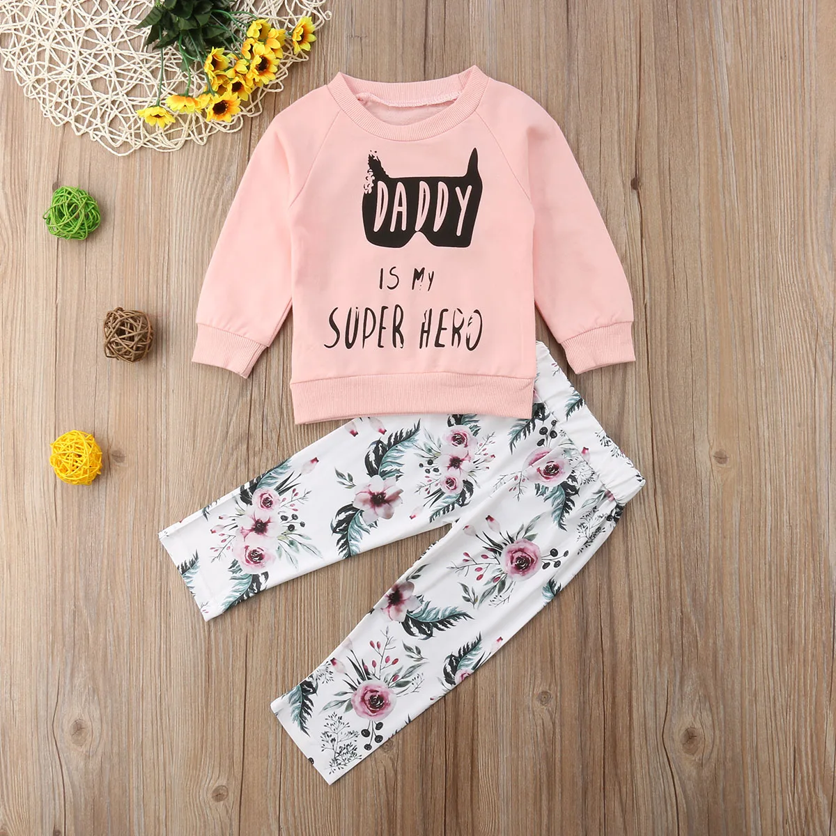 Комплект одежды из 2 предметов для новорожденных девочек: топ с длинными рукавами и надписью «Daddy Is My Superhero» и штаны - Цвет: Розовый