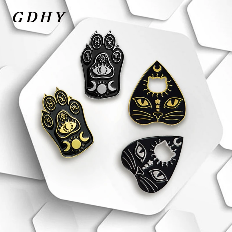 

GDHY Gothic Witchcat Paw Brooch Enamel Witch Magic Cat Mystical Footprints Culture Curved Moon Star Pins Badges For Kid Jewelry