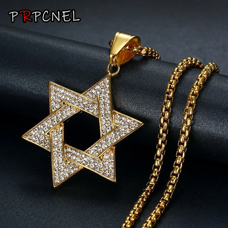 

Hip Hop Bling Iced Out Rhinestone Gold color 316L Stainless Steel Jewish Star of David Hexagram Pendant Necklace for Men Rapper