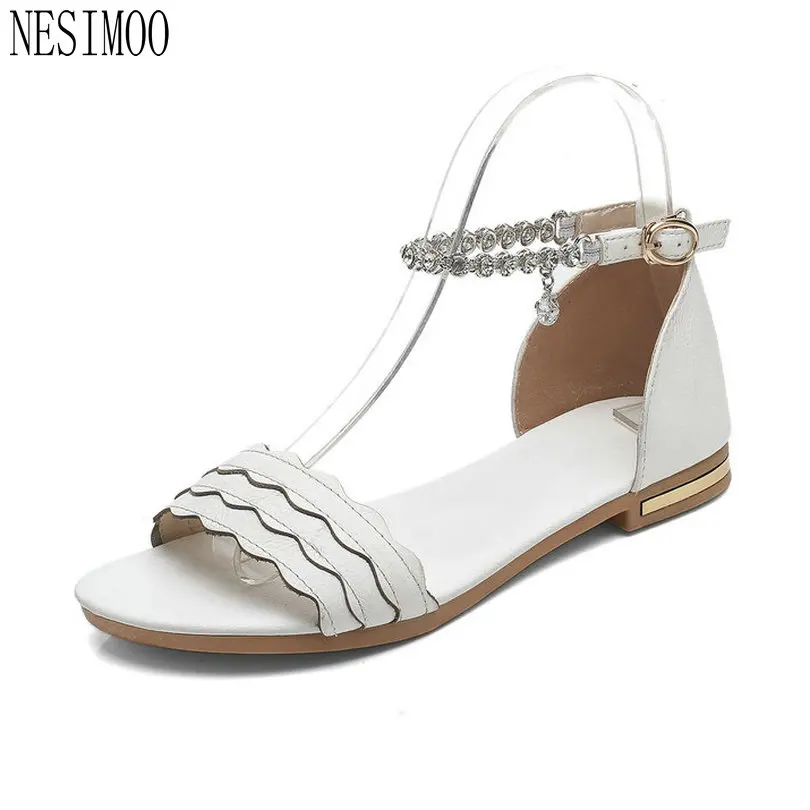 

NESIMOO 2018 Women Sandals Shoes Crystal Woman Genuine Leather Beach Square Low Heel White Ladies Wedding Shoes Size 34-43