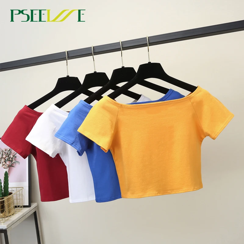 

7 Color Fashion Strapless shoulder T Shirt Women Summer Sexy High Waist Crop Top Cotton Bottom Tops T Shirt female Streetwear