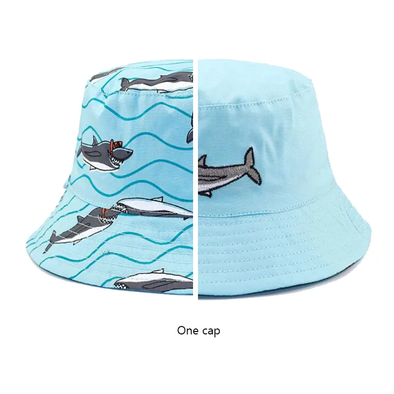 AB сторона Мультфильм Акула хлопковые Панамы для маленьких мальчиков летние солнцезащитные шапки Дети Панама шляпа с широкими полями прекрасный пляжные кепки от 1 до 5 лет - Цвет: Blue