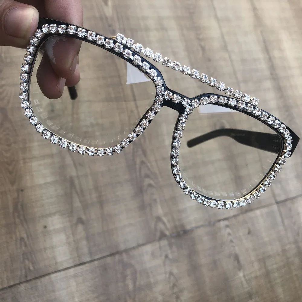 

2019 Fashion Diamond Mens Sun Glasses Square Clear Lens UV400 Sunglasses Crystal Women Eyewear Bling Protect Eyeglass Gafas de