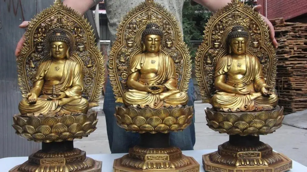 

28 Tibet Buddhism Copper Gild Bronze three Sakyamuni Amitabha Buddha Statue Set