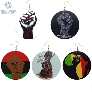 

SOMESOOR Mixed Wholesale African Wood Drop Earrings Jewelry Euphonically Black Power Fist AFRO Pendant Dangle As Women Lady Gift