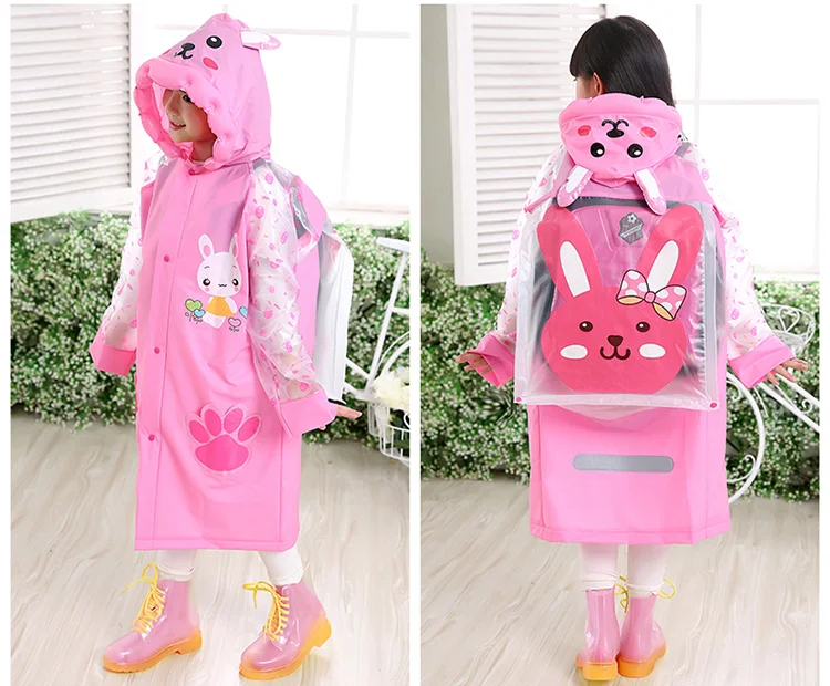 9.Waterproof kids raincoat with school bag Children's rain coat Inflated cap brim cute cartoon Long rain jacket