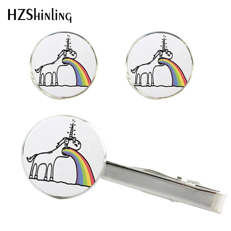 

2017 New Vomiting Rainbow Unicorn Tie Clip Fantasy Unicorn Cufflinks Silver Glass Clips Cufflink Handmade Gifts Men CT-0052