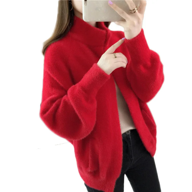 

2018 Spring Autumn Women Mink Cashmere Cardigan Half-Turtleneck Open Stitch Fashion Lady Loose Casual Sweaters Outwear Coat A258