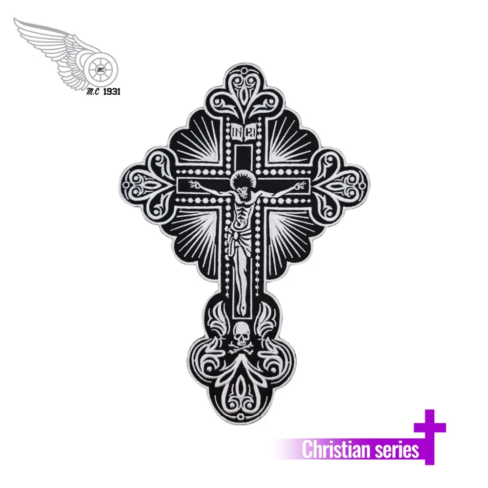 

Jesus cross Motorcycle Biker Rider Embroidered Iron On Back of Jacket Patch DIY Eco-Friendly Free Shipping black twill fabric