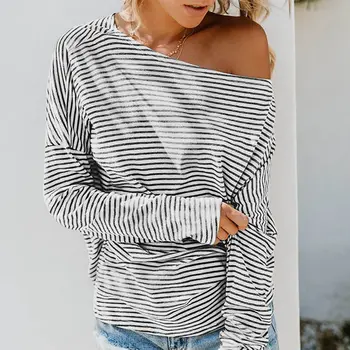 

Women Sexy Stripes Print Tops Slash Collar Off-the-shoulder Long Bat Sleeve Casual T-shirt Autumn Loose Pullover Tops