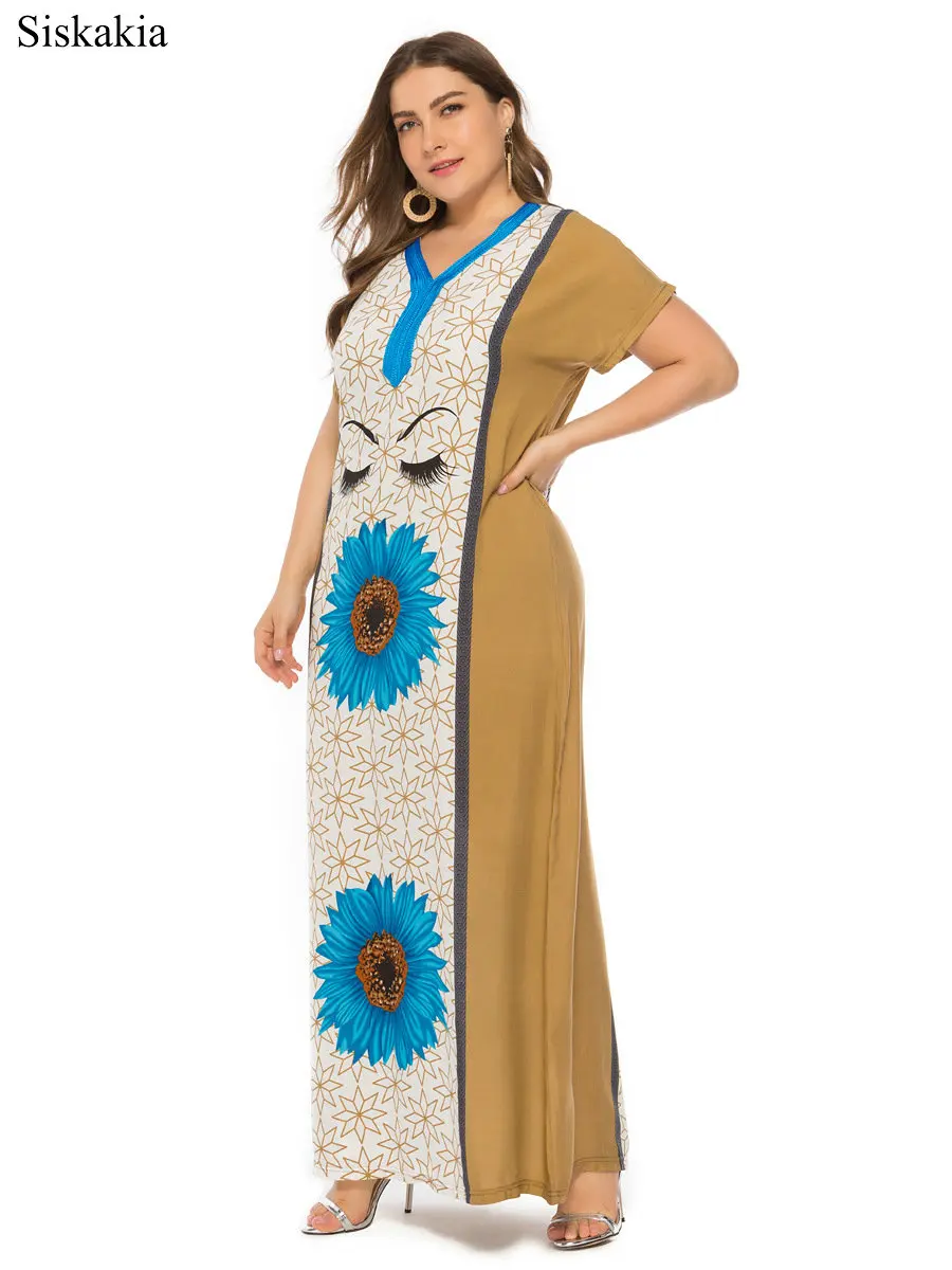 Siskakia Retro Maxi Long Dress Women Flower Print Big Size Viscose Fabric Summer Dresses V neck Short Sleeve Size XXL XXXL 2019 (5)