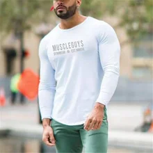 Бренд Muscleguys, модная мужская одежда из эластичного хлопка с длинным рукавом, облегающая футболка, Мужская футболка для тренажерного зала, повседневная облегающая футболка