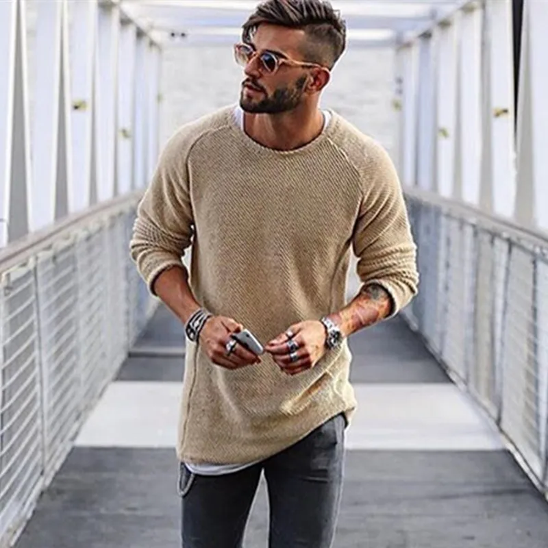 Fubotevic Men Solid Color Fall & Winter Round Neck Long Sleeve Knit Printed Pullover Sweater Jumper