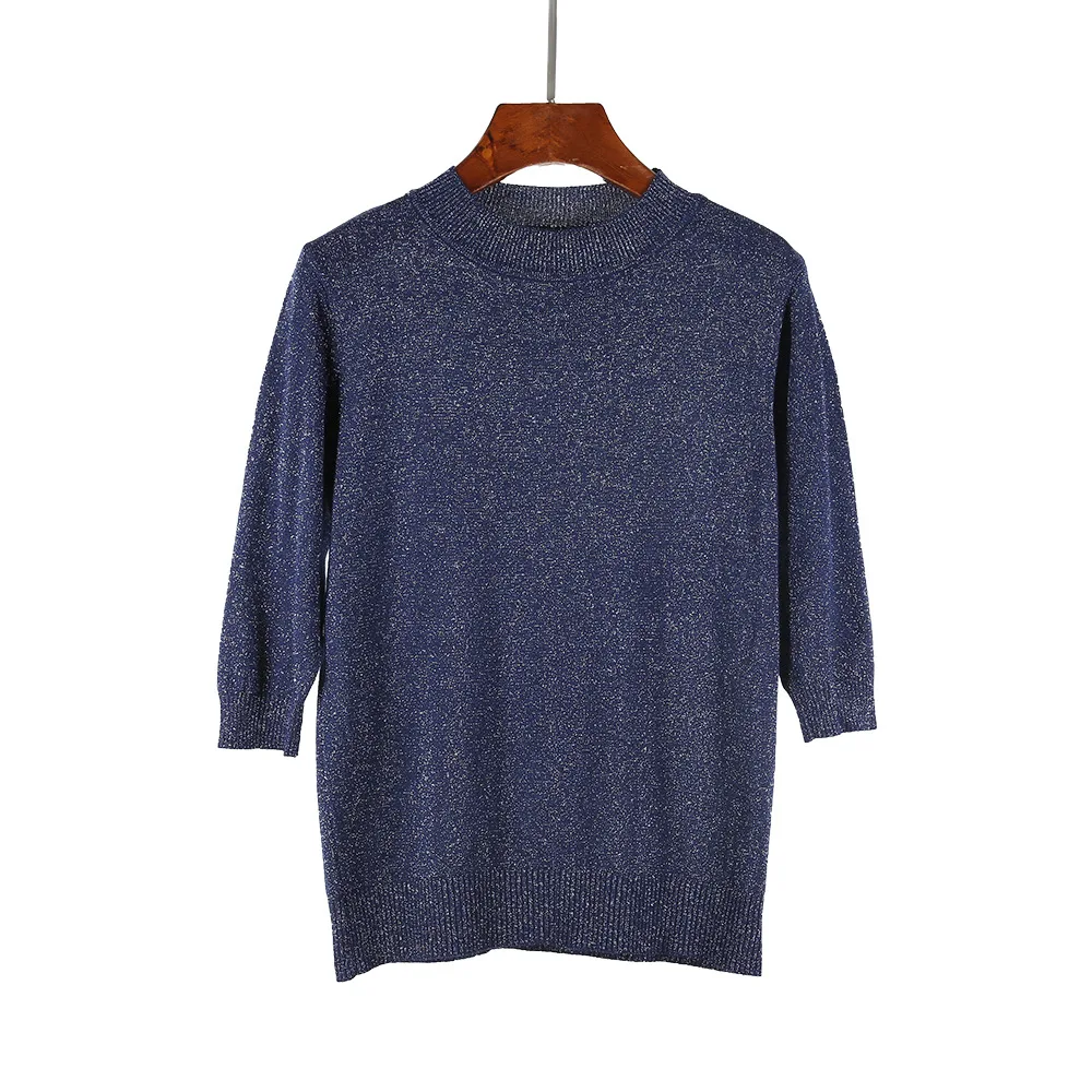 2019 New Women Pullover Sweater Glitter Knitted Pull Over Tops Spring Autumn Half Sleeve Elasticity Crewneck Female Jumper D334