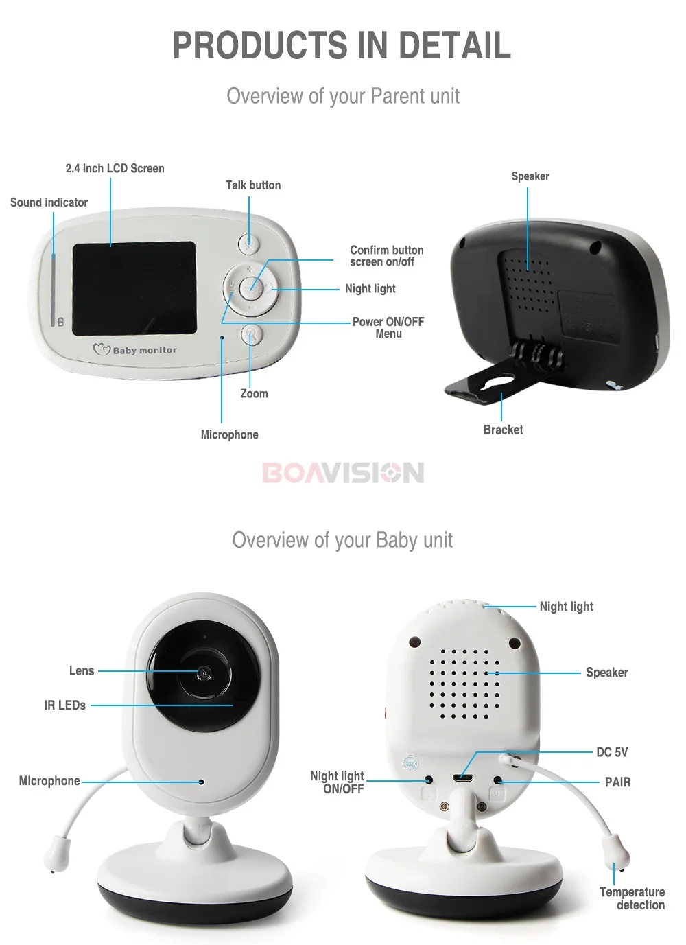 2,4 ''цветной беспроводной видеоняня, Ночной светильник, Babyphone 2,4 GHz камера безопасности, 2 способа разговора, цифровой зум, температура музыки