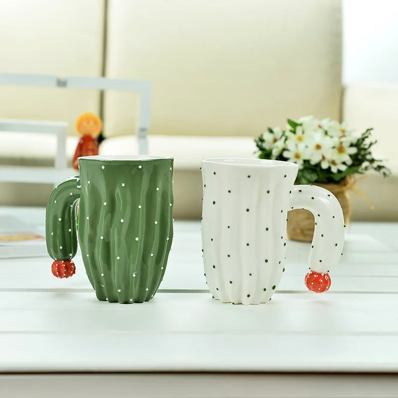 420 мл зеленая креативная кофейная чашка кактус, керамическая чайная кружка в форме растения, чашка для молока, воды, питья, круглая ручка, мультяшная кружка, подарок 1 шт