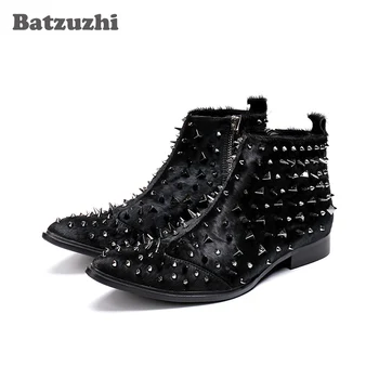 

Rock Men Boots Western Knight Boots Black Horse Hair Ankle Boots Men with Silver Rivets Safety Boots Military Spikes Men Botas