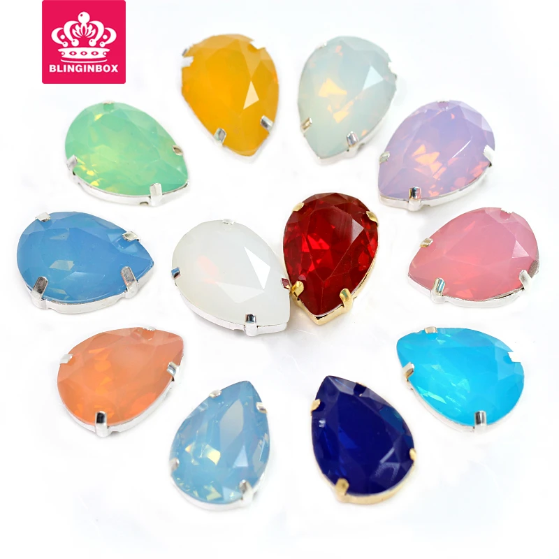 

20pcs 13x18mm Mix Color Opal Teardrop Sew On Claw Rhinestones Pear shape Sewing Stones For DIY Casual Dress Y1905