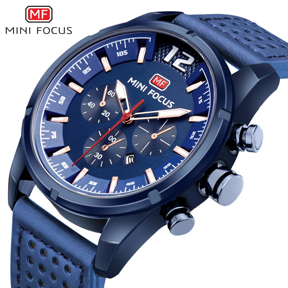 

MINIFOCUS Fashion Chronograph Quartz Watch Men Marine Leather Strap 3 Sub-dials 6 Hands Calendar Multifunction Top Luxury Clock