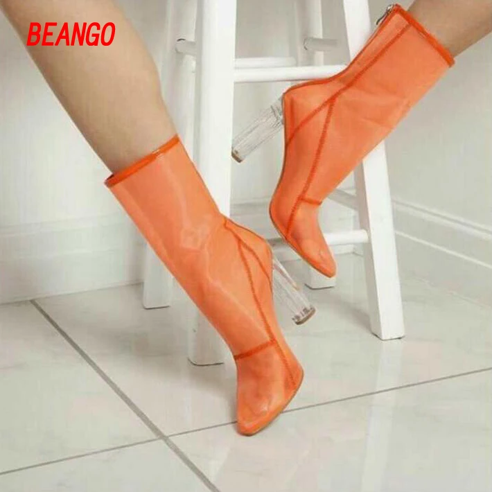 BEANGO Sexy Women Pointed Toe Mesh Boots Gladiator Sandals Boots Transparent High Heel Med Calf Clear Heel Zipper Boots