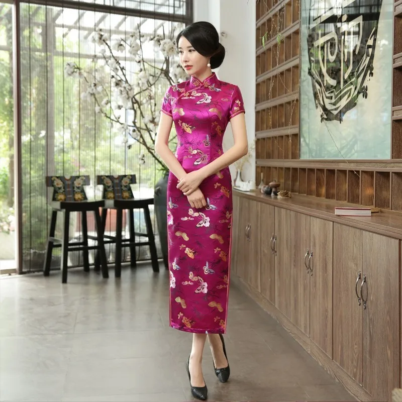 Китайские винтажные платья женские черные длинные Qi Pao Cheongsam черные бабочки печать шаблон короткий рукав костюм для выступлений современный